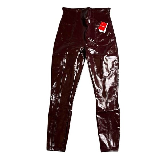 Spanx Ruby Dark Red Vegan Faux Patent Leather Leggings Pants NWT Womens Large - Picture 3 of 6